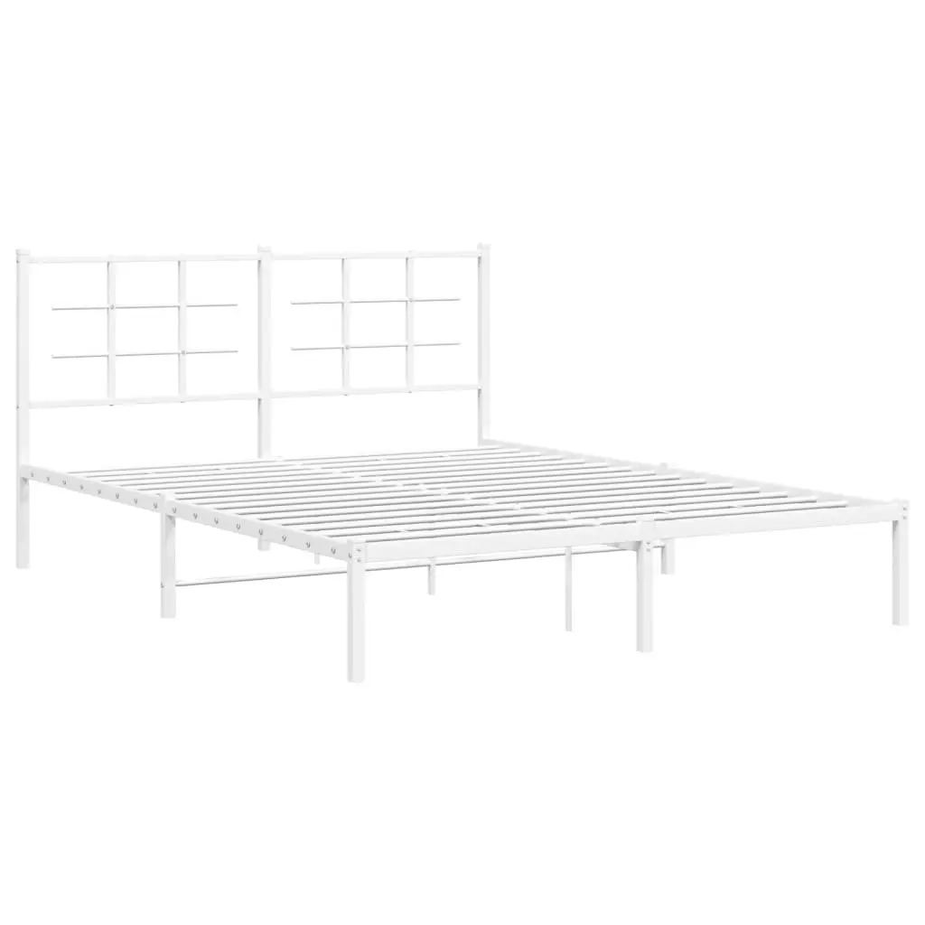 Metal Bed Frame 150x200 cm with Headboard Slatted Base White Bedroom Furniture
