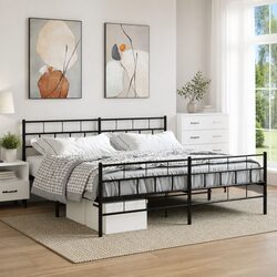 Sturdy Black Metal King Bed Frame 183x203cm with Footboard