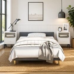King Single Grey Fabric Bed Frame with Supportive Headboard