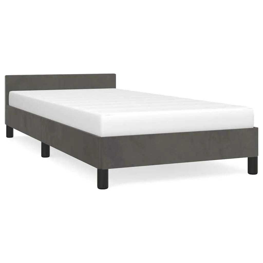 Grey Velvet King Single Bed Frame with Upholstered Headboard