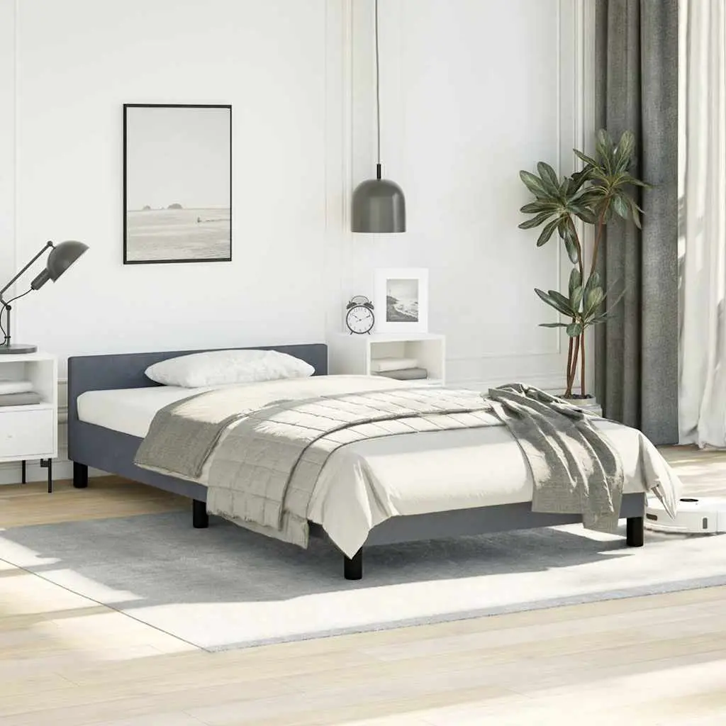 Grey Velvet King Single Bed Frame with Upholstered Headboard