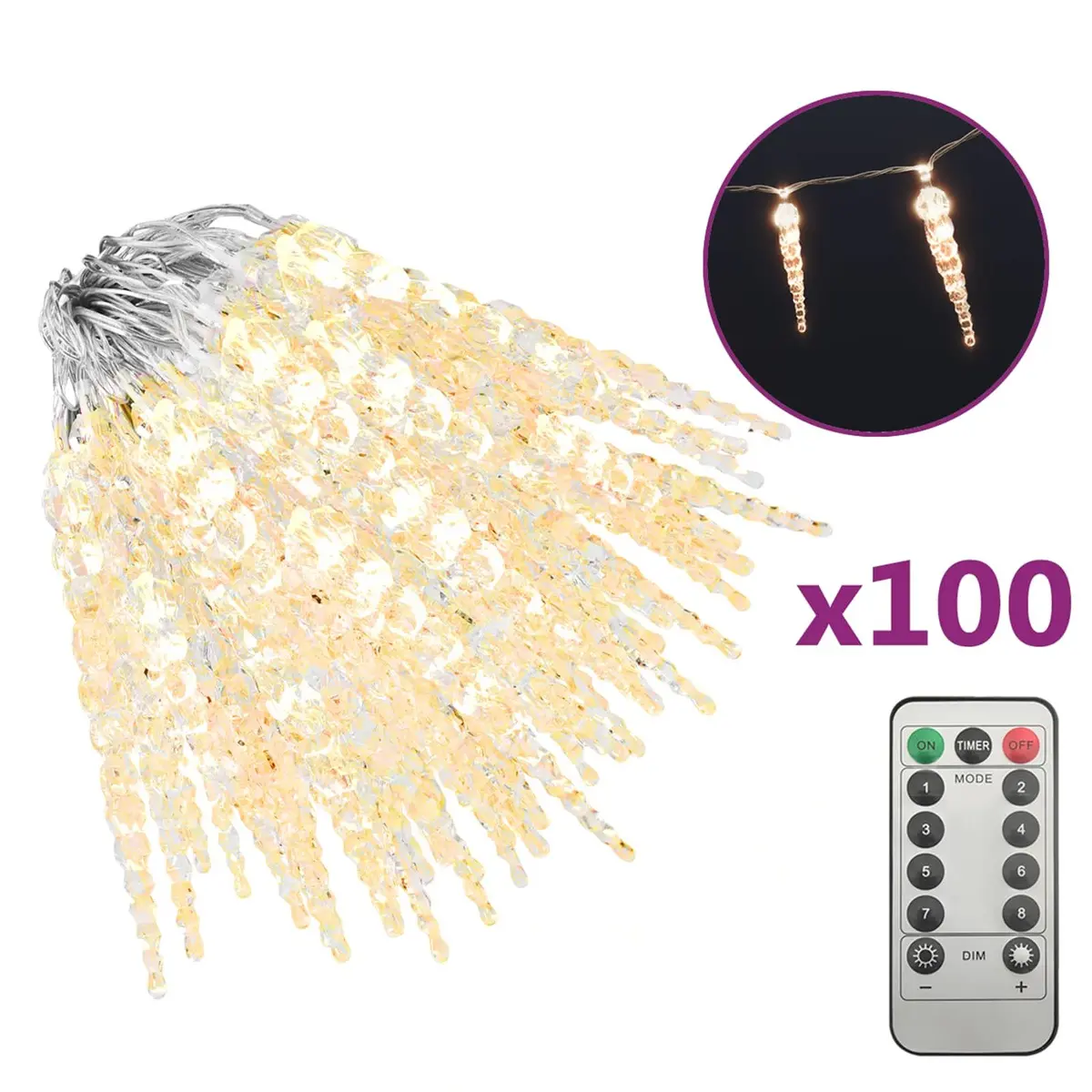 100 LED Warm White Christmas Icicle Lights 10m