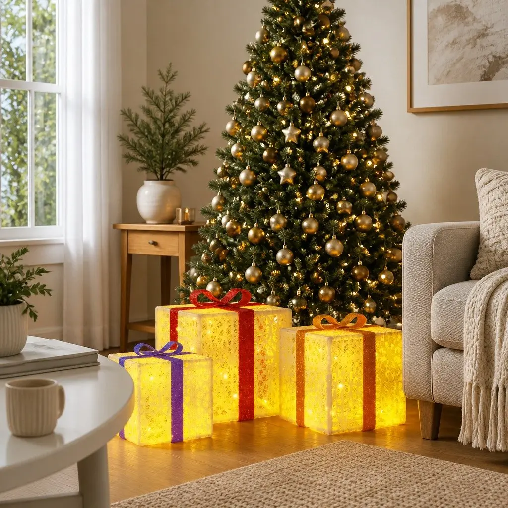 Lighted Christmas Boxes Set of 3 Warm White LED Decoration
