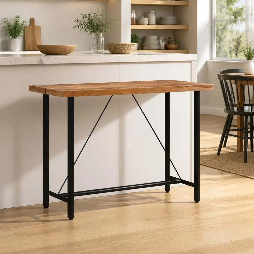 Solid Acacia Wood Bar Table with Iron Frame, 150x70x107 cm
