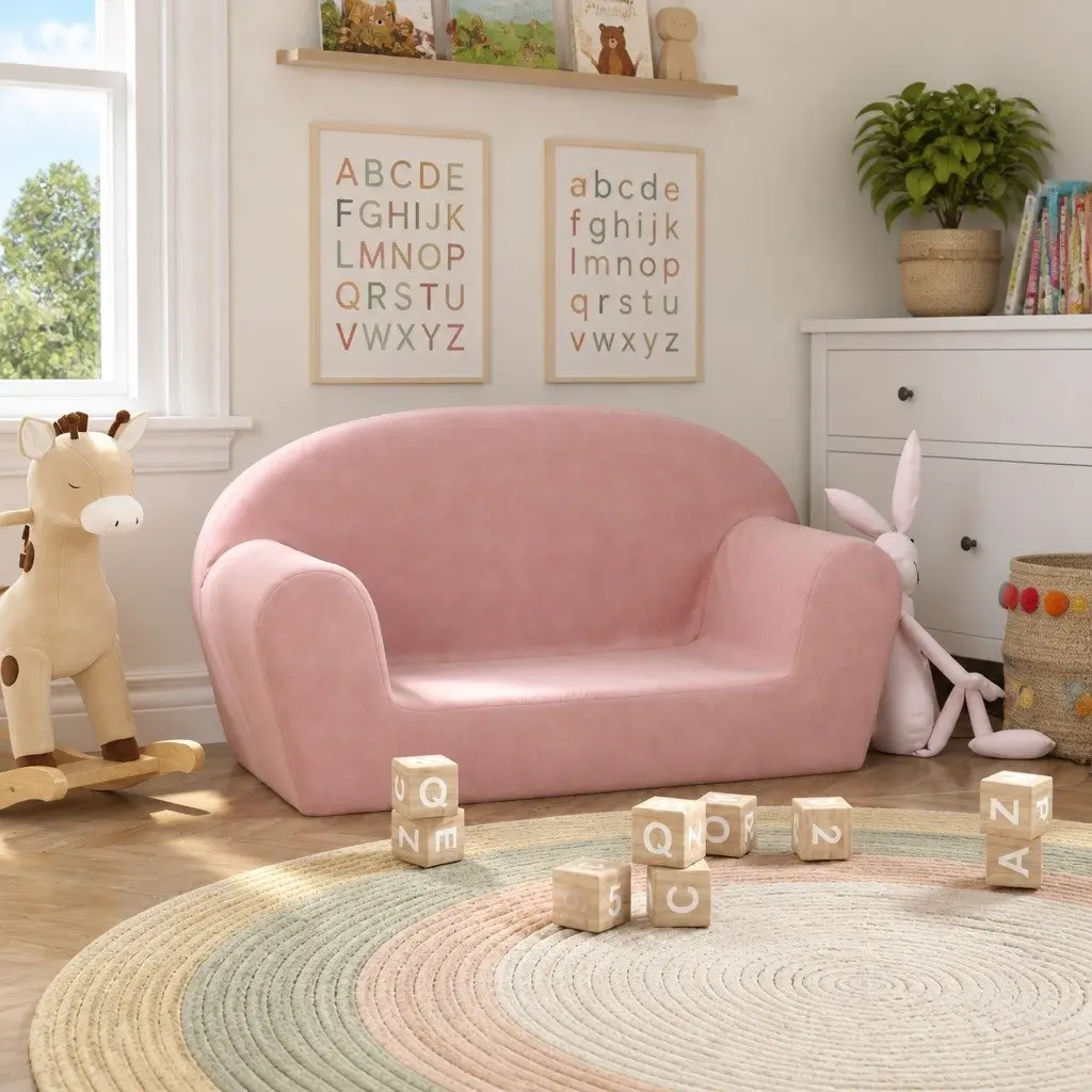 Children's 2-Seater Sofa in Soft Pink Plush Fabric