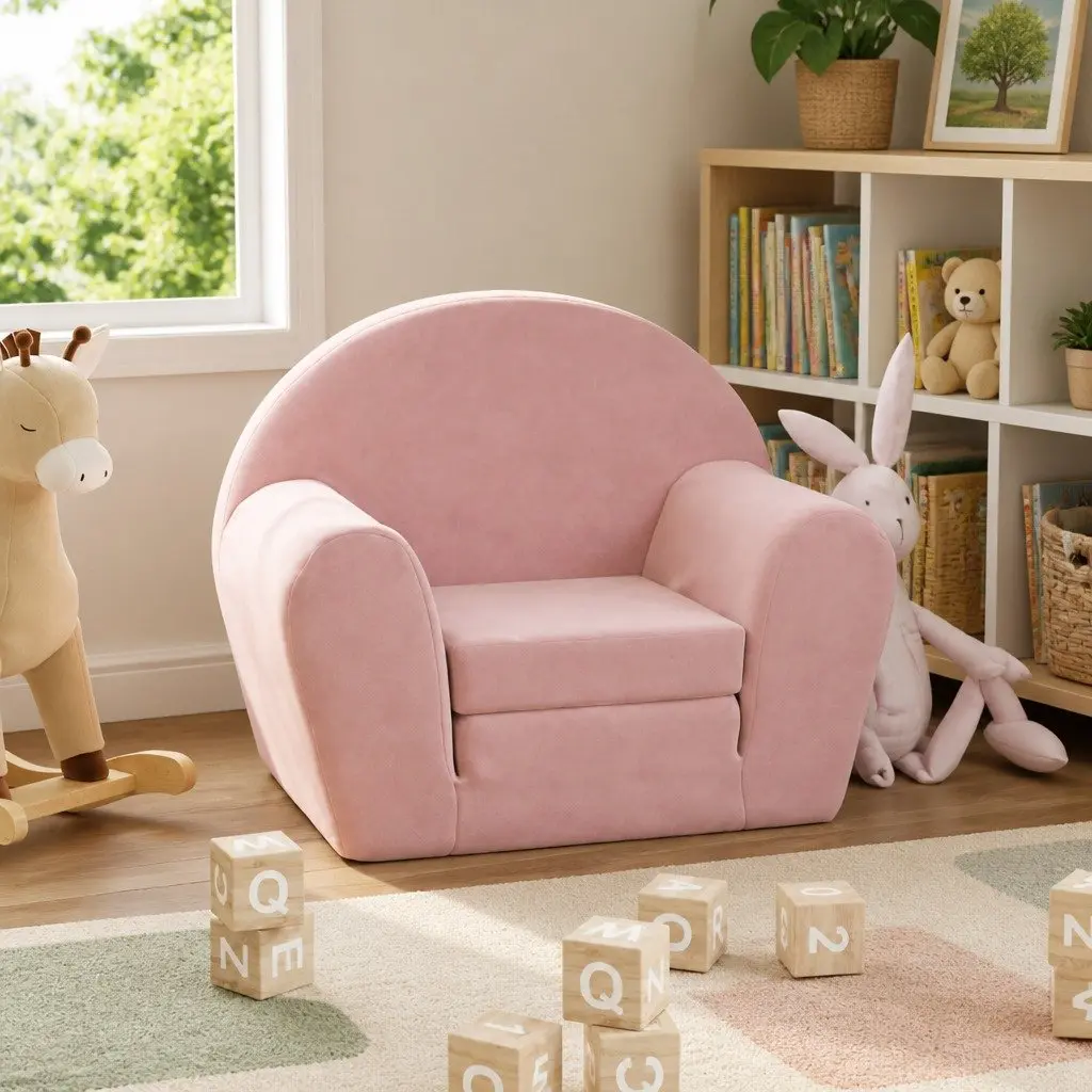 Kids Sofa Bed Pink Soft Plush 2-in-1 Folding Armchair Toddler Furniture Washable