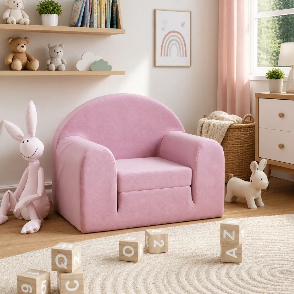 Kids' Sofa Bed Soft Plush 2-in-1 Folding Armchair Mini Bed Pink
