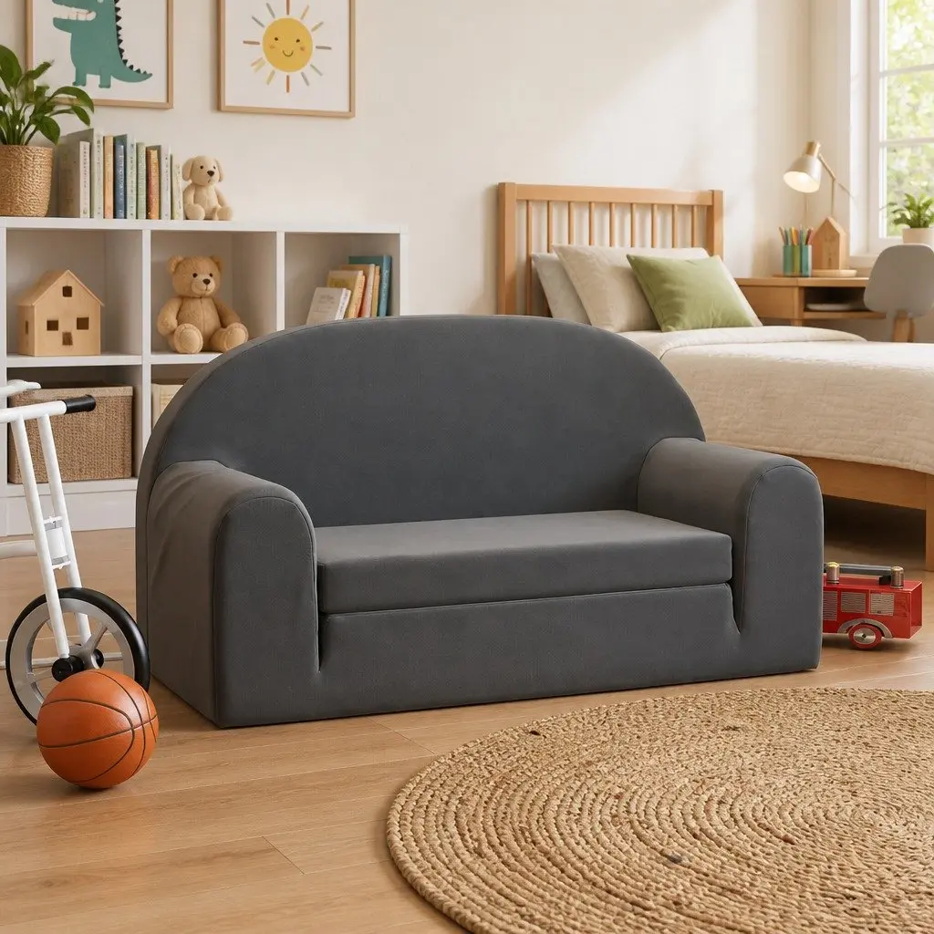 Kids Sofa Bed Soft Plush 2-Seater Anthracite Foldable Armchair