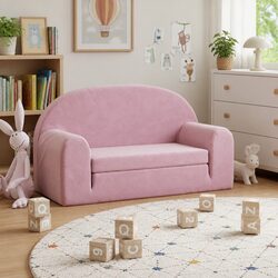 Stylish 2-Seater Kids Sofa Bed in Pink Plush Material