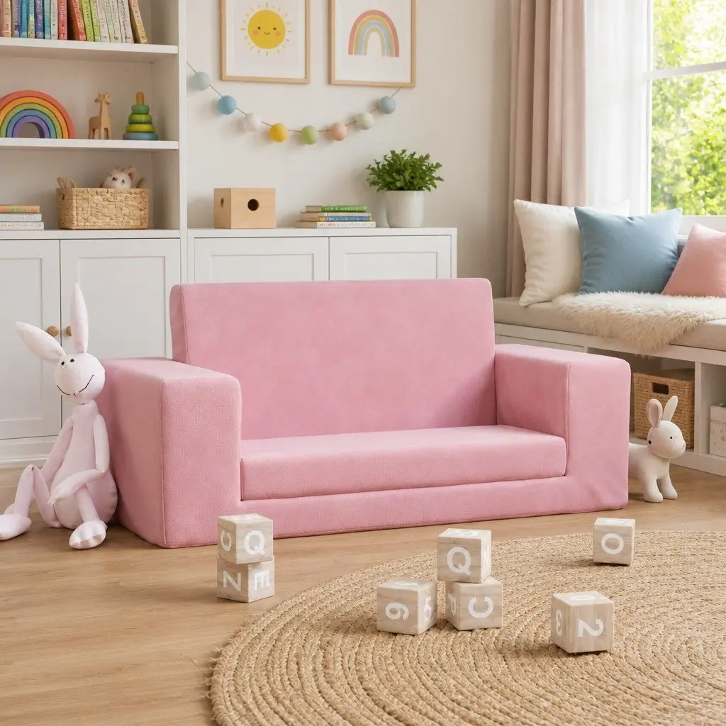 Pink Plush 2-Seater Sofa Bed for Kids