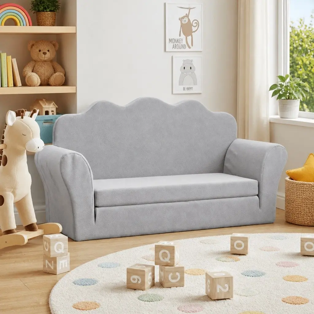 Kids Sofa Bed 2-Seater Grey Soft Plush Fold Out Armchair Toddler Couch