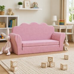 Pink Soft Plush 2-Seater Kids Sofa Bed with Armchair Feature