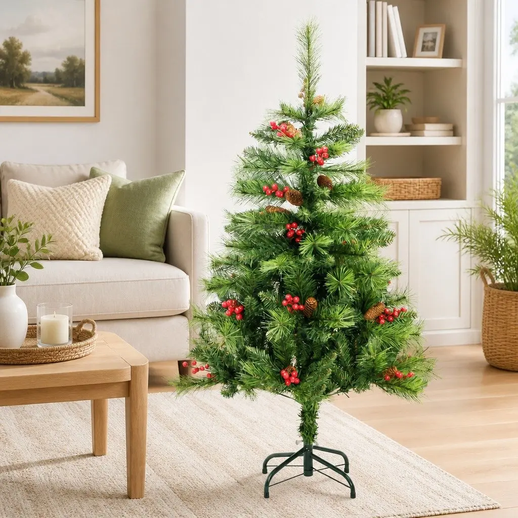 150cm Green Artificial Hinged Christmas Tree with Cones and Berries