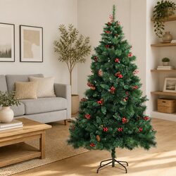 Artificial Hinged Christmas Tree 180cm Green with Cones Berries Festive