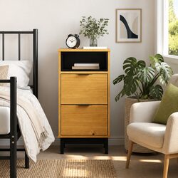 Brown Solid Pine Wood Nightstand with 2 Drawers