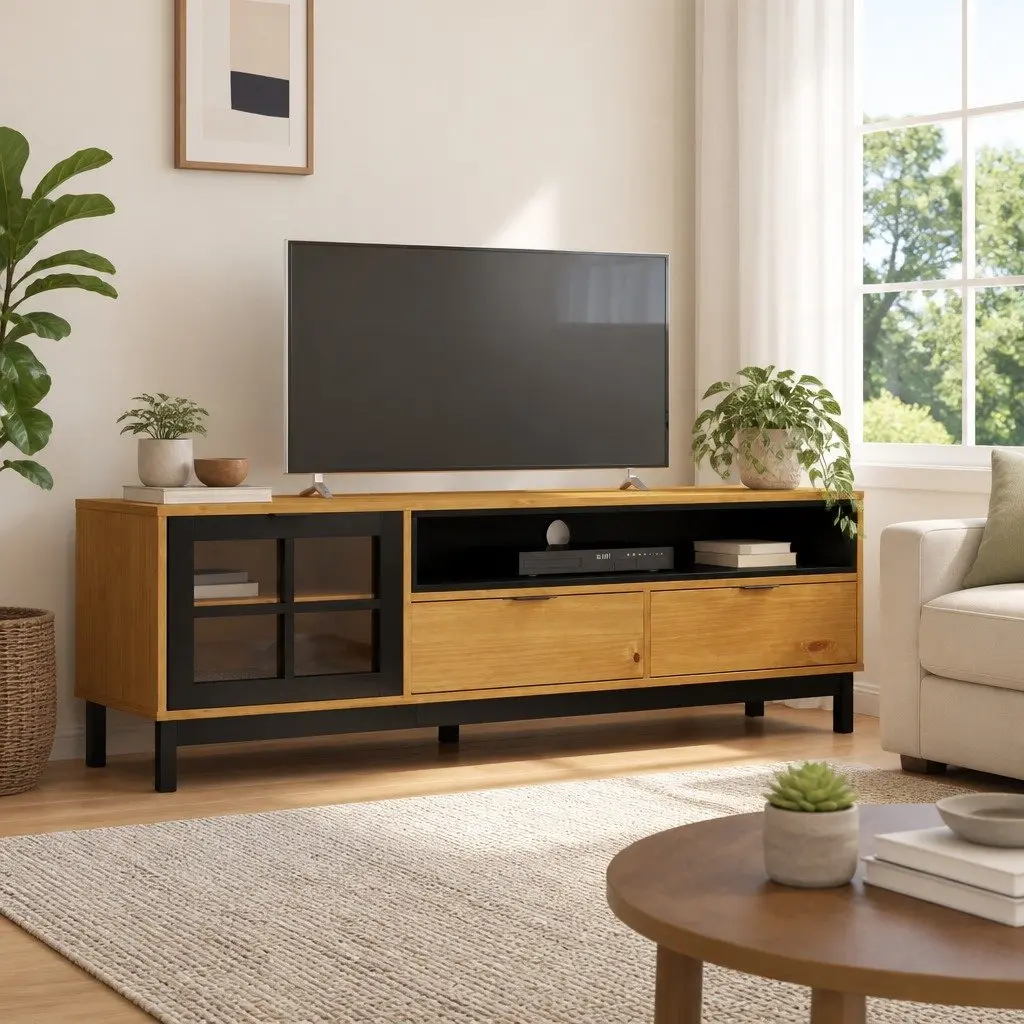 Solid Pine Wood TV Cabinet with Glass Door in Brown