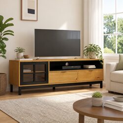 Solid Pine Wood TV Cabinet with Glass Door in Brown