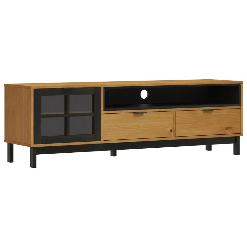 Solid Pine Wood TV Cabinet with Glass Door in Brown