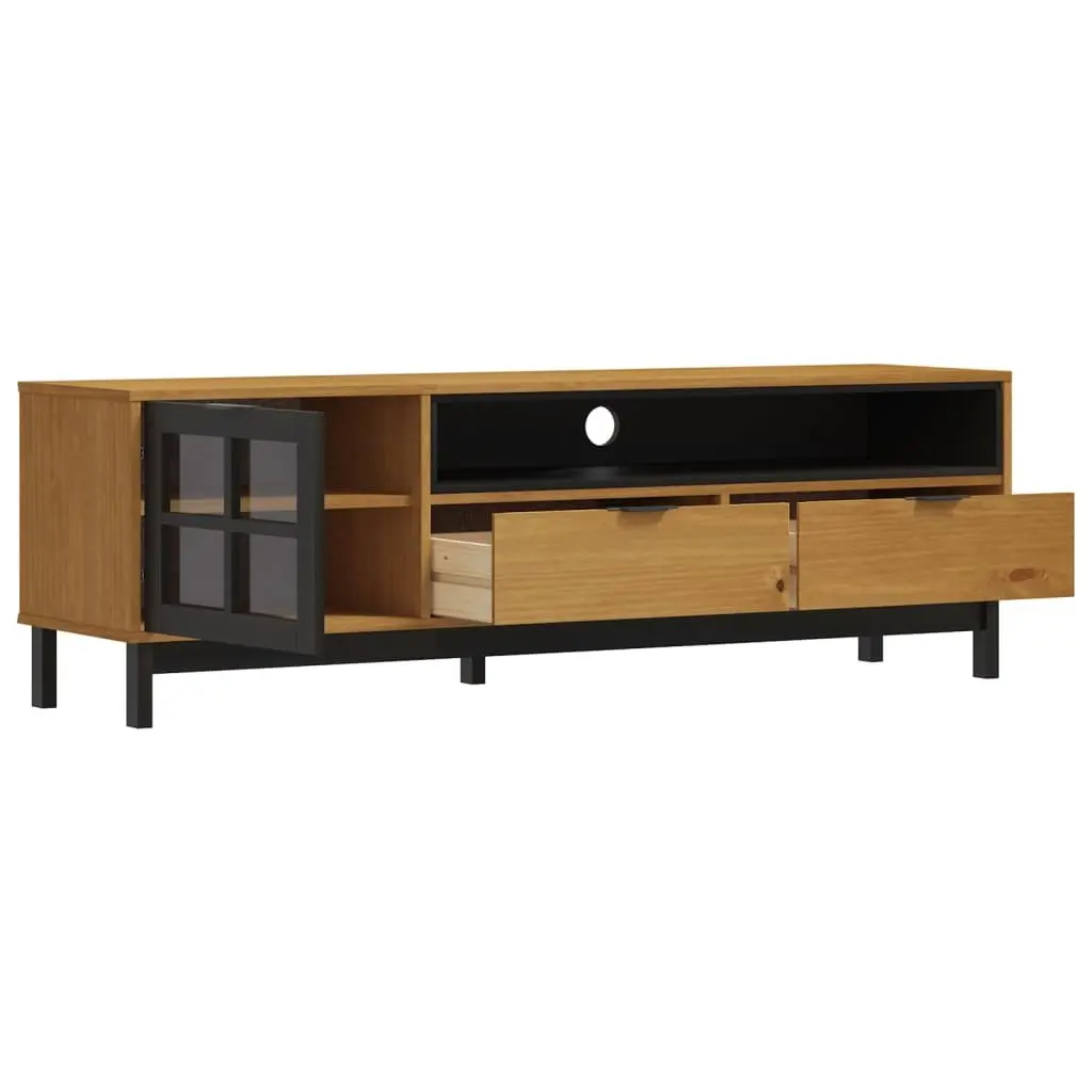 Solid Pine Wood TV Cabinet with Glass Door in Brown