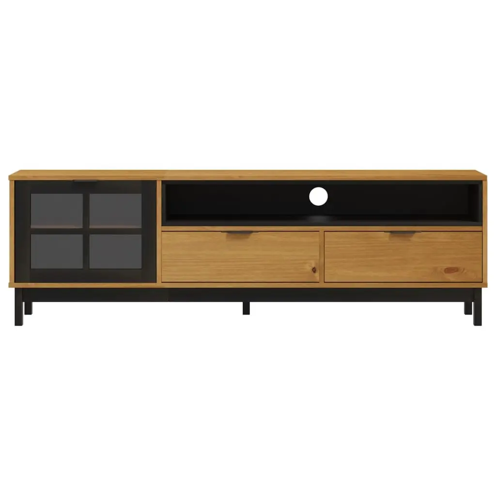 Solid Pine Wood TV Cabinet with Glass Door in Brown