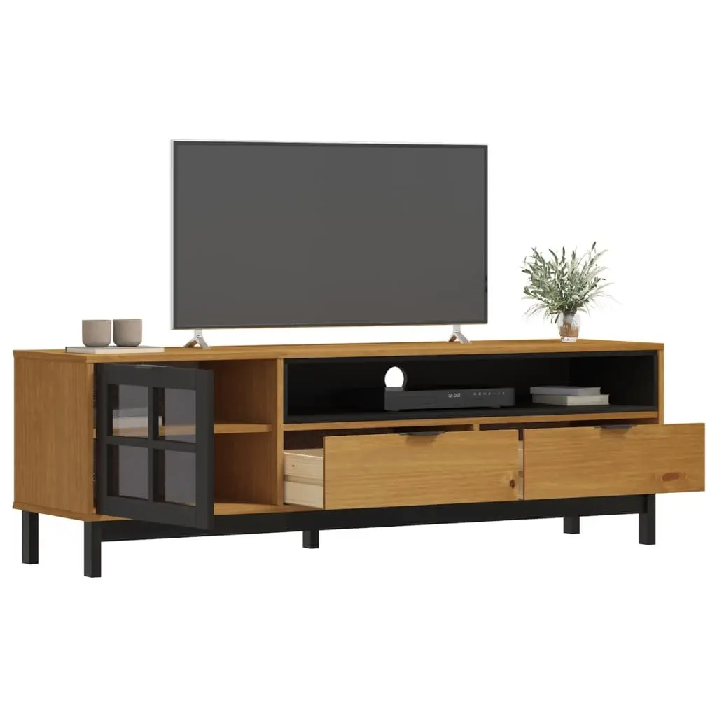 Solid Pine Wood TV Cabinet with Glass Door in Brown
