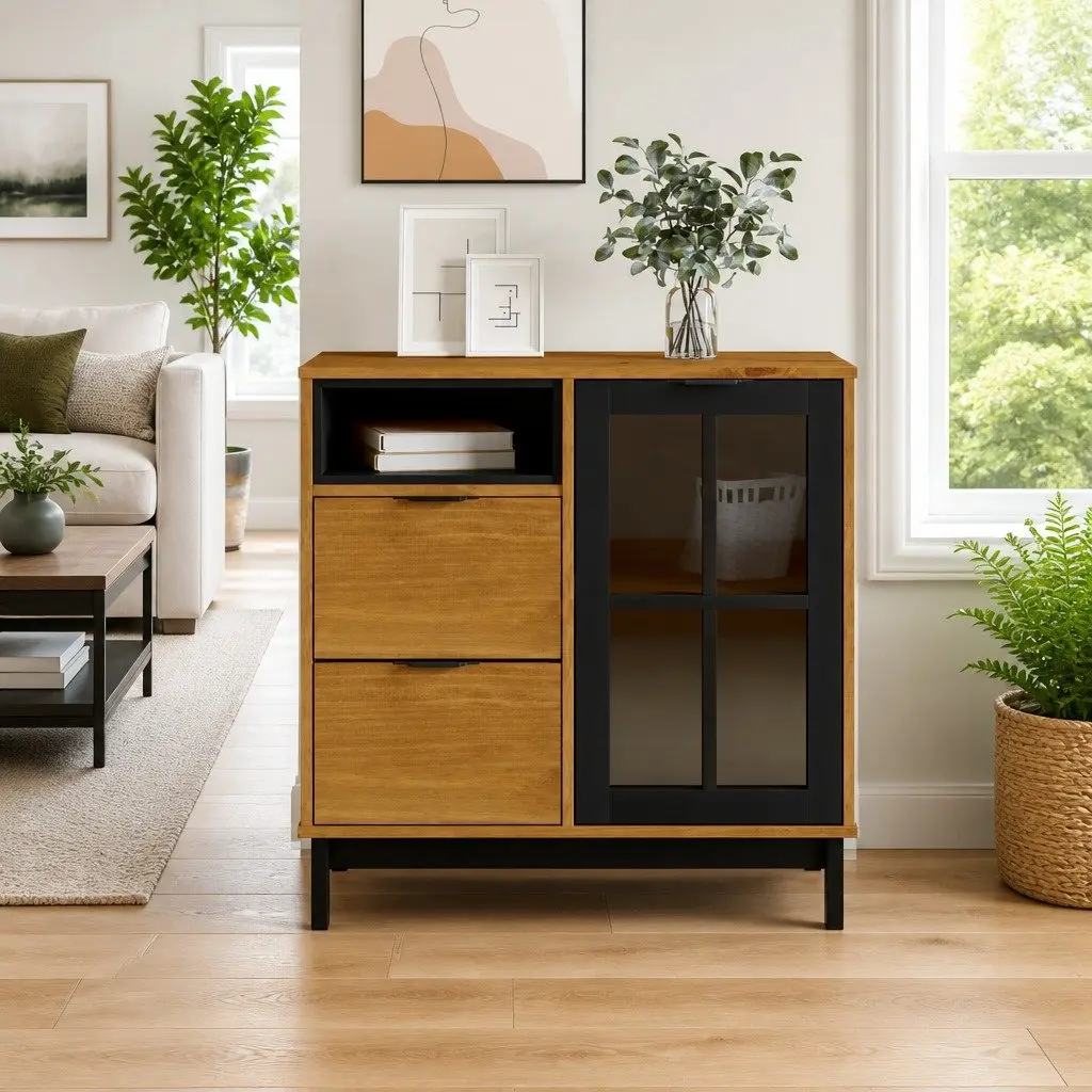 Solid Pine Wood Sideboard with Glass Door, Brown