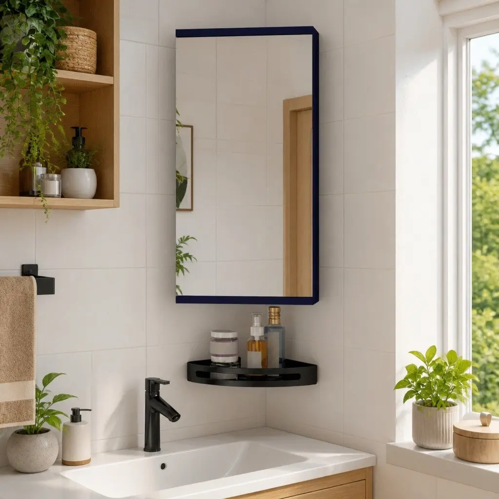 Grey Corner Bathroom Mirror Cabinet with Dual Shelves