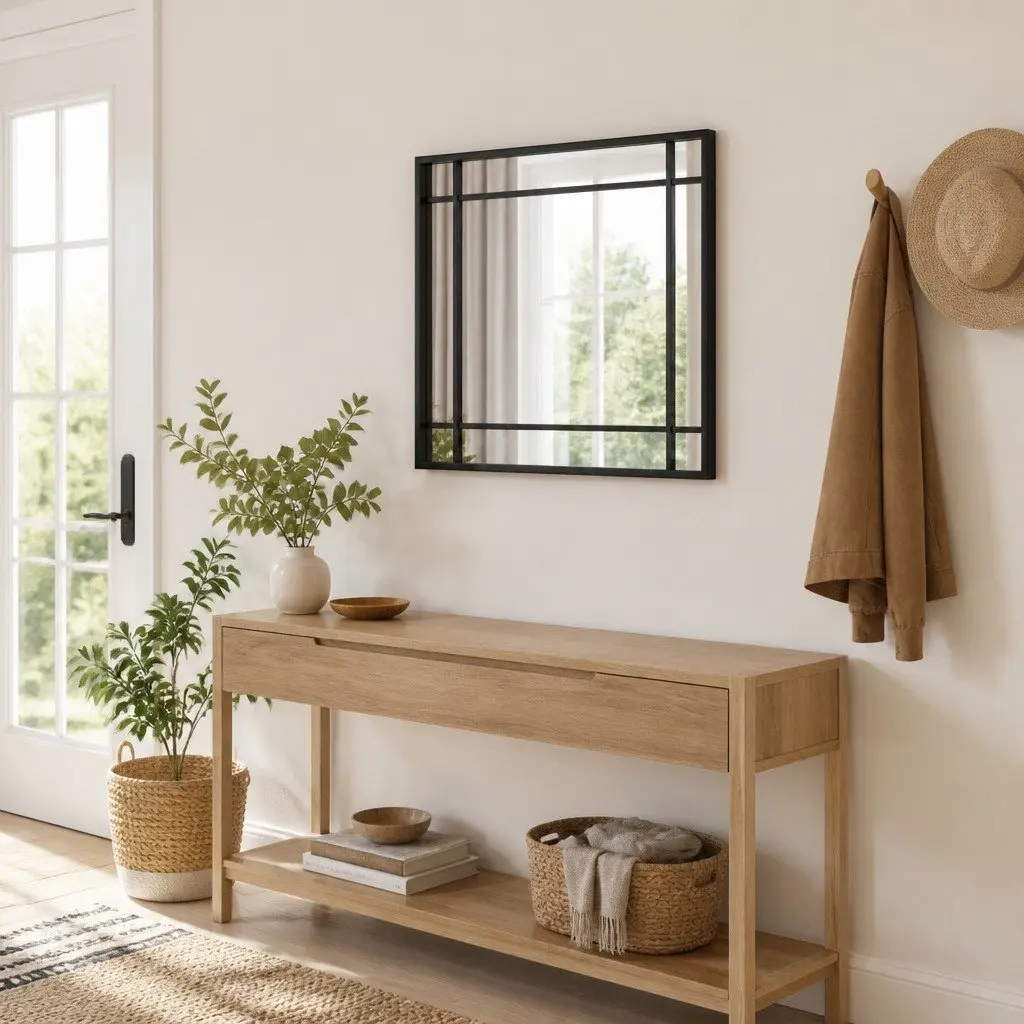 Black Square Wall Mirror 40x40 cm Iron Frame for Home