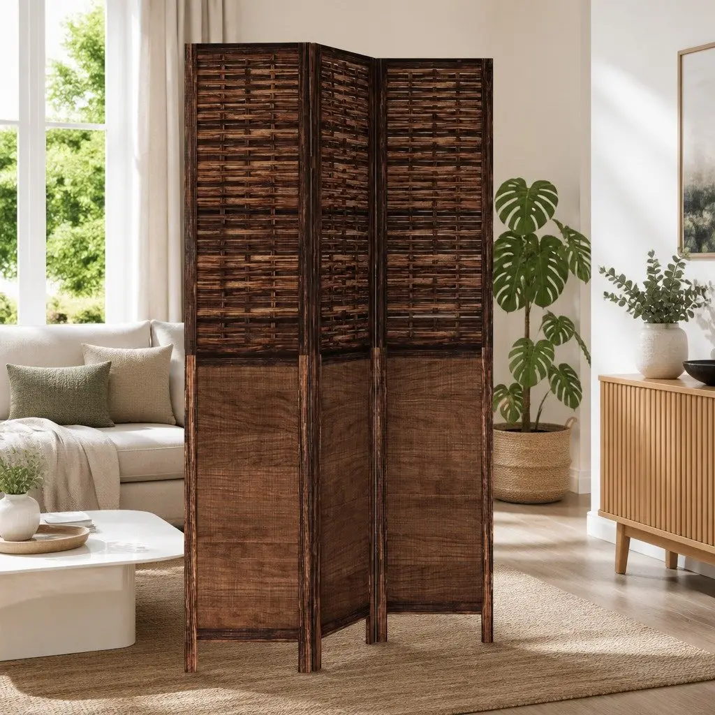 3 Panel Folding Room Divider with Wooden Frame