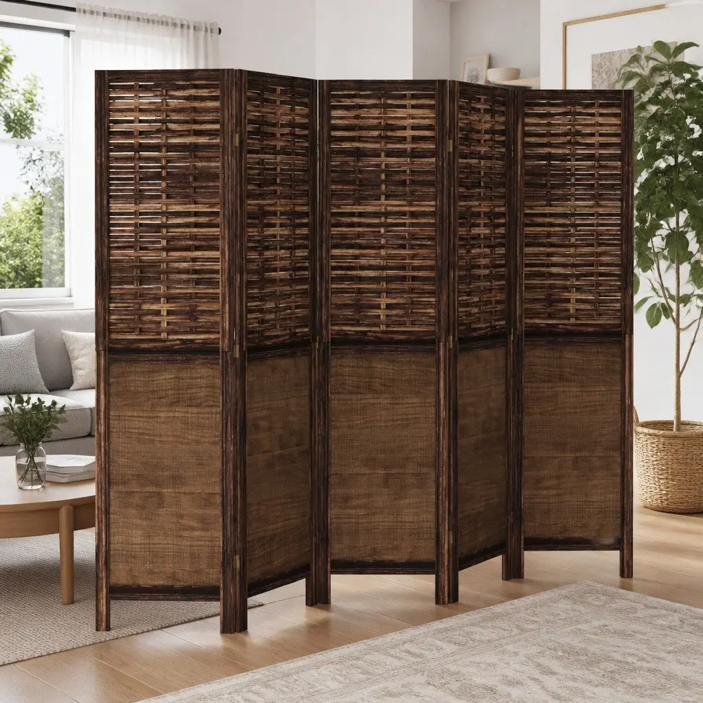 5-Panel Brown Folding Room Divider for Privacy