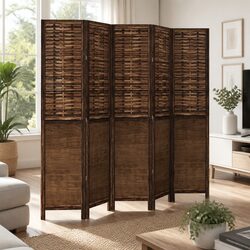 Room Divider 5 Panels Brown Solid Wood Paulownia Folding Privacy Screen Indoor
