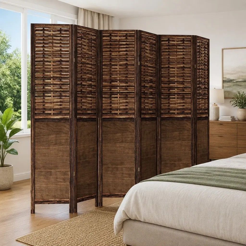 Solid Wood Room Divider with 6 Folding Panels