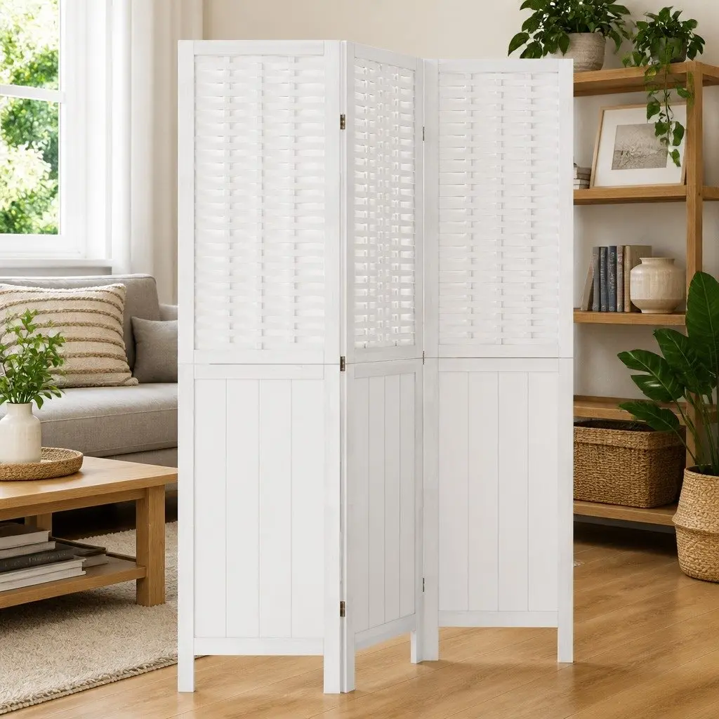 Room Divider Natural Bamboo Engineered Wood 3 Panels White Folding Privacy Screen