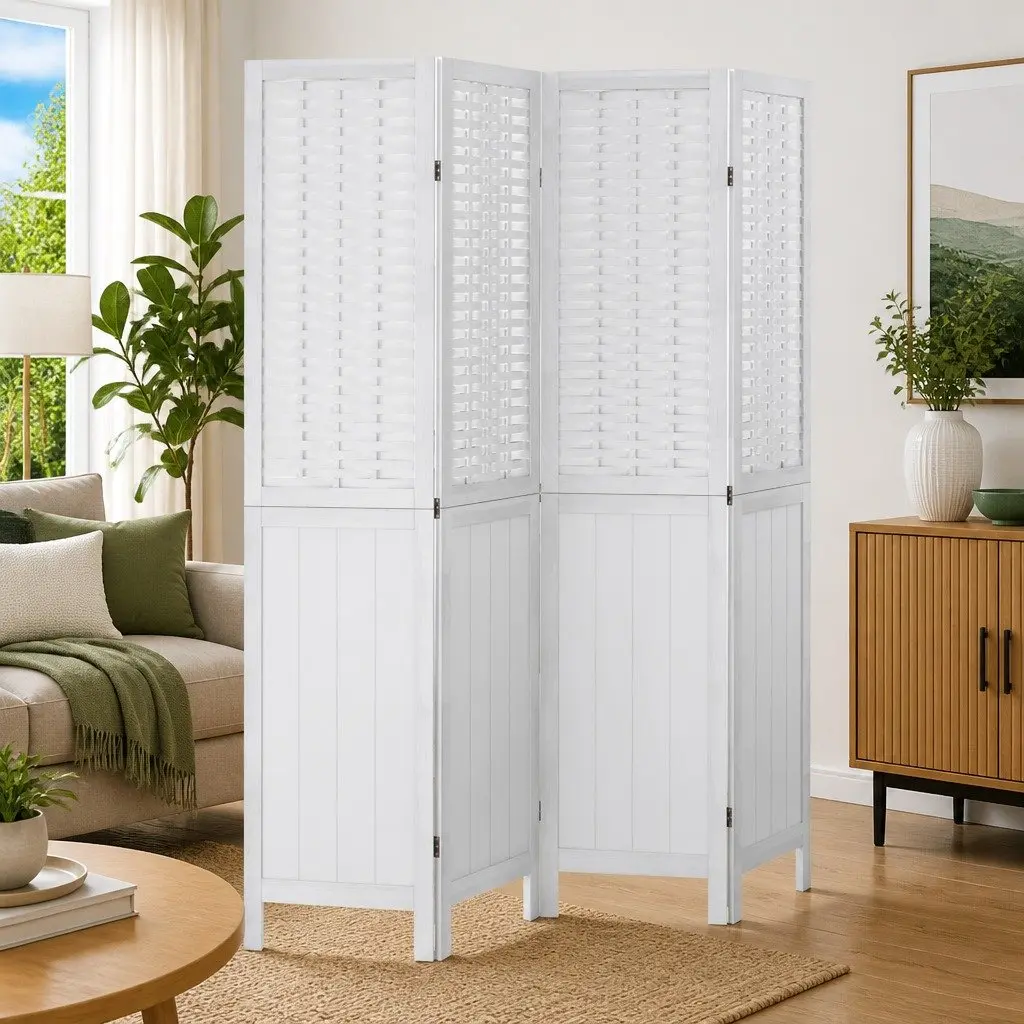 4-Panel White Folding Screen Room Divider