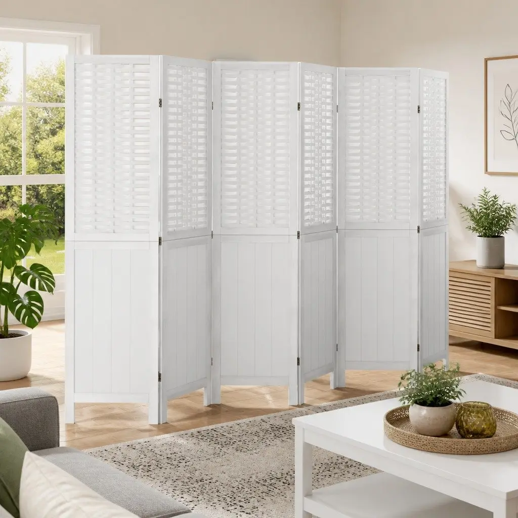 Room Divider Bamboo Wood 6 Panels White Folding Privacy Screen Indoor Partition