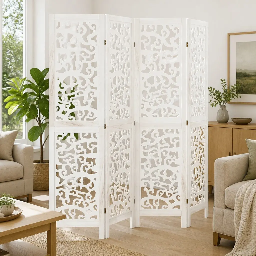 4-Panel White Room Divider with Durable Wood Frame