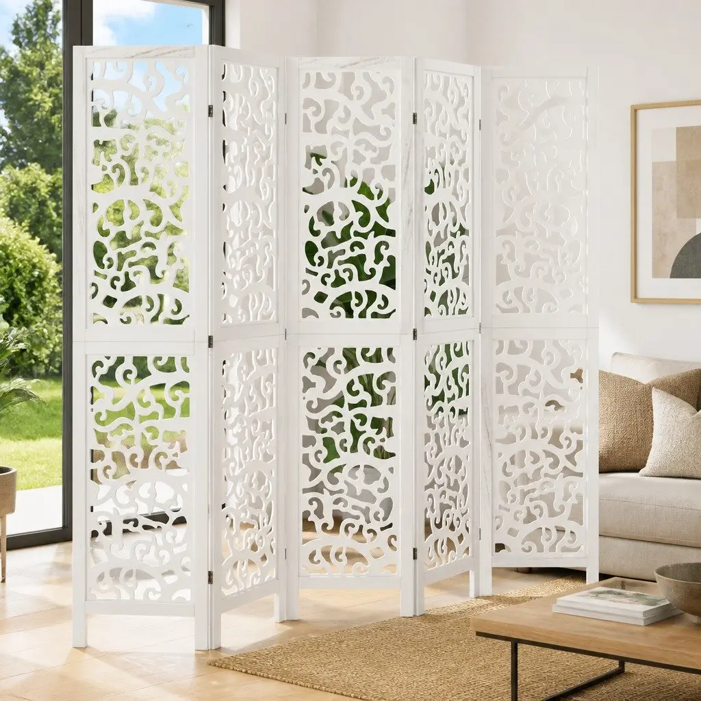 5-Panel White Folding Room Divider