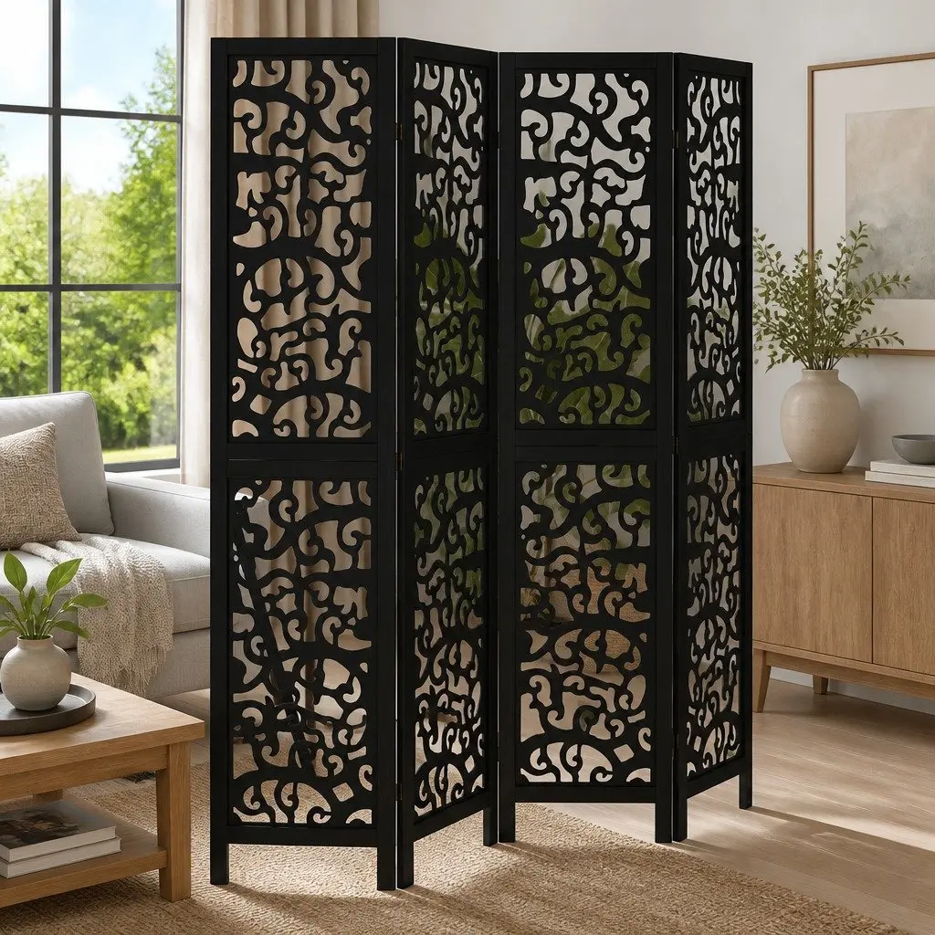 4-Panel Folding Room Divider in Black Solid Wood