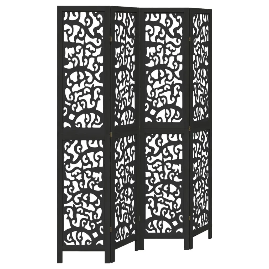 Room Divider Solid Paulownia Wood 4 Panels Black Folding Privacy Screen Indoor