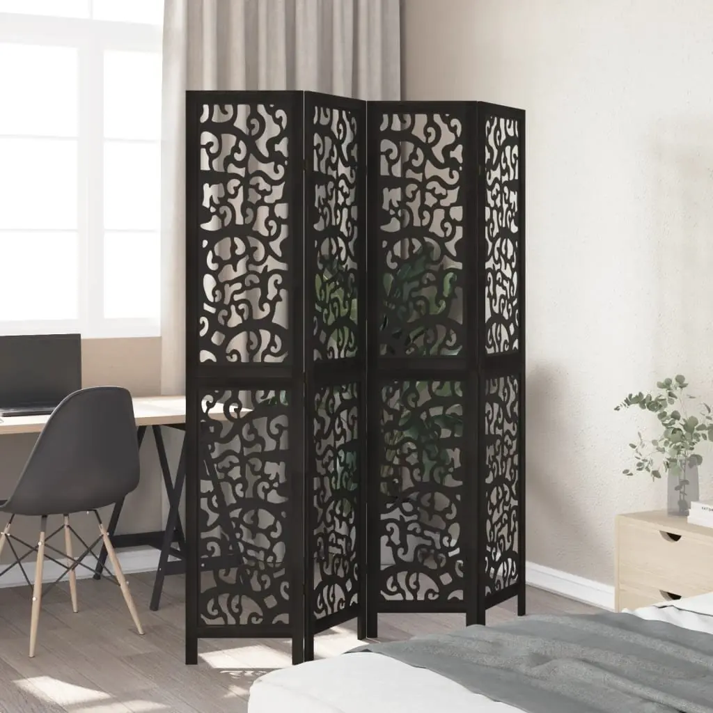Room Divider Solid Paulownia Wood 4 Panels Black Folding Privacy Screen Indoor