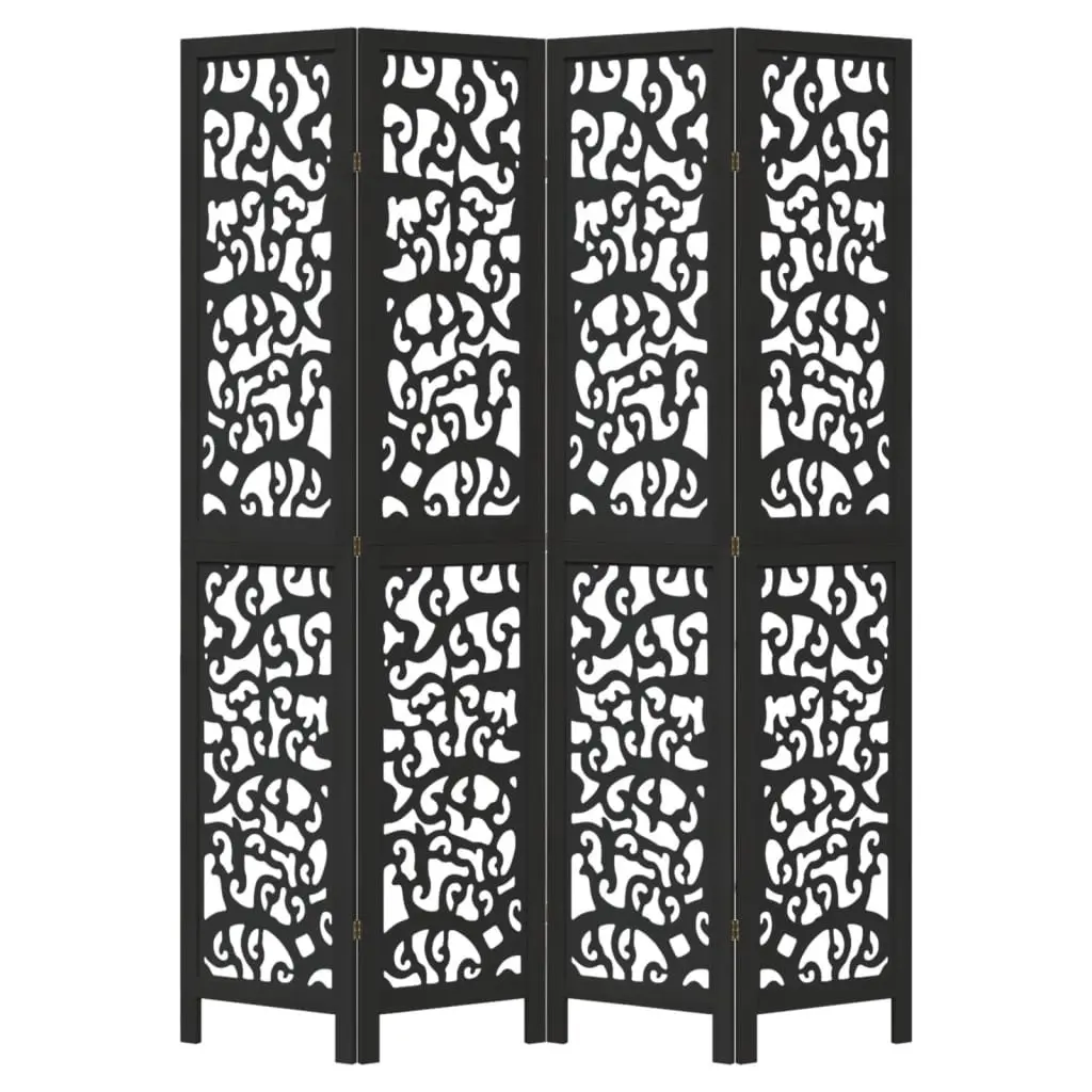 Room Divider Solid Paulownia Wood 4 Panels Black Folding Privacy Screen Indoor