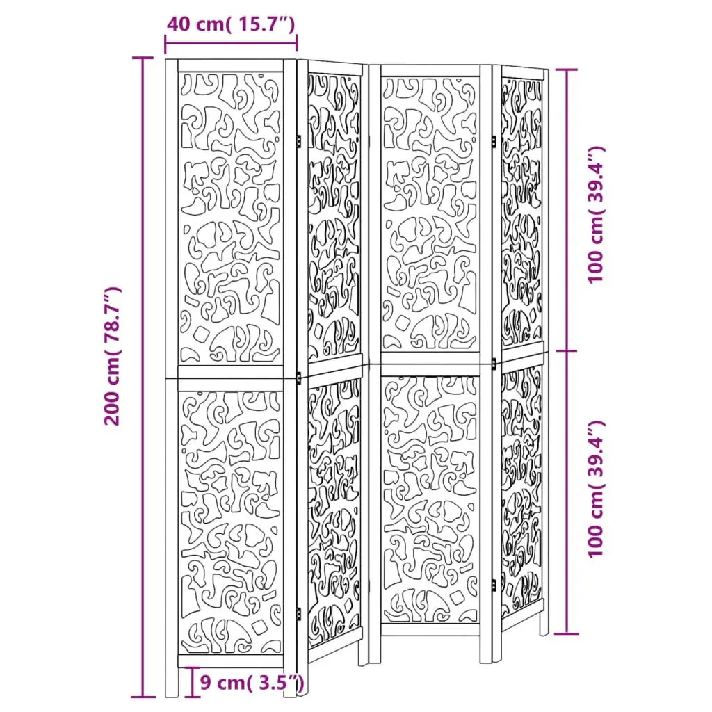 Room Divider Solid Paulownia Wood 4 Panels Black Folding Privacy Screen Indoor