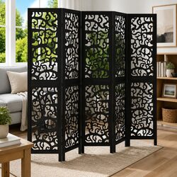 5-Panel Black Wood Folding Room Divider for Indoor Spaces