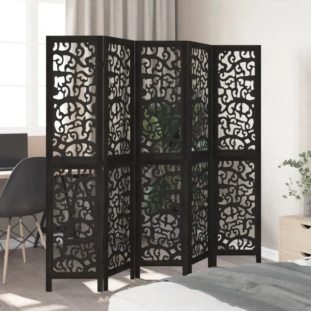 Room Divider Paulownia Wood 5 Panel Folding Privacy Screen Black
