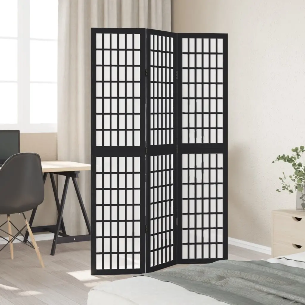 Room Divider Paulownia Wood 3 Panels Black Folding Privacy Screen Partition