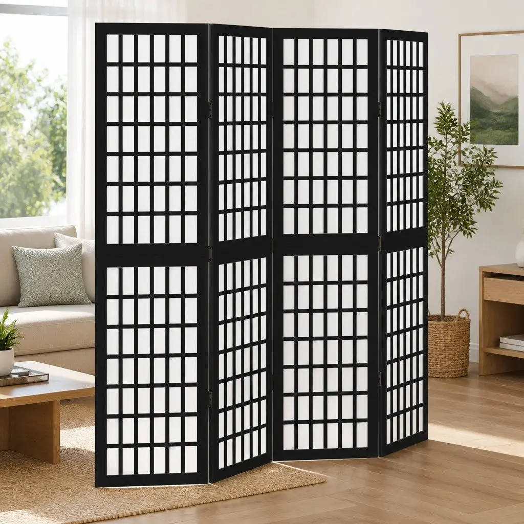 4 Panel Room Divider Engineered Wood Solid Paulownia Wood Black