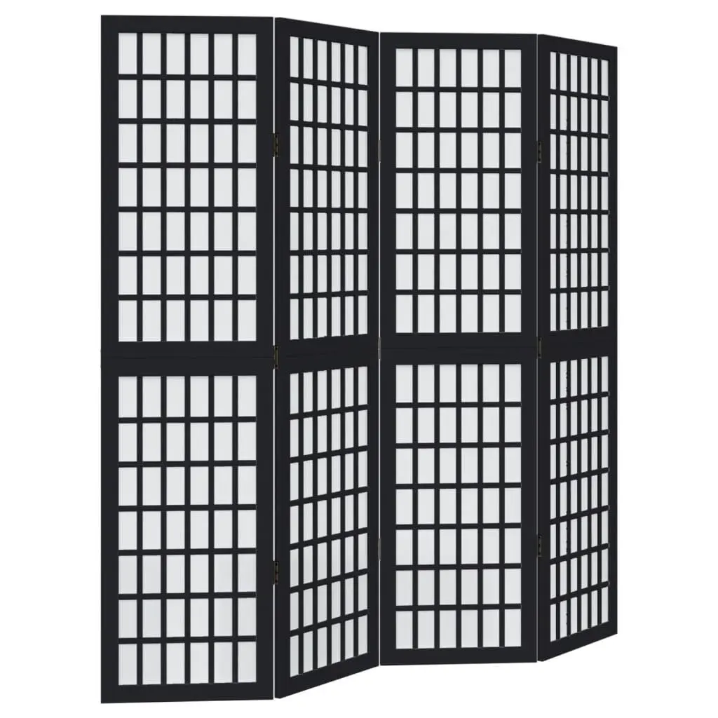 4 Panel Room Divider Engineered Wood Solid Paulownia Wood Black