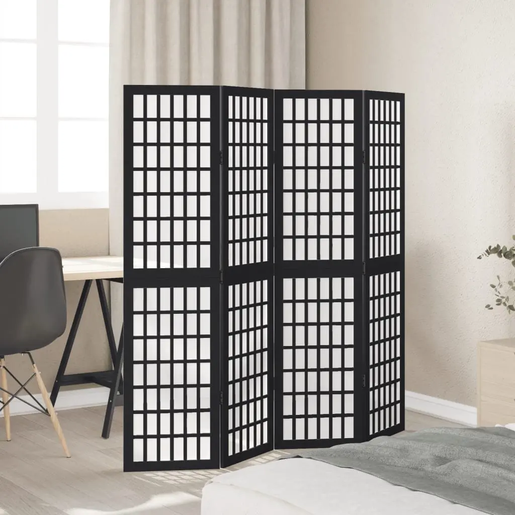 4 Panel Room Divider Engineered Wood Solid Paulownia Wood Black
