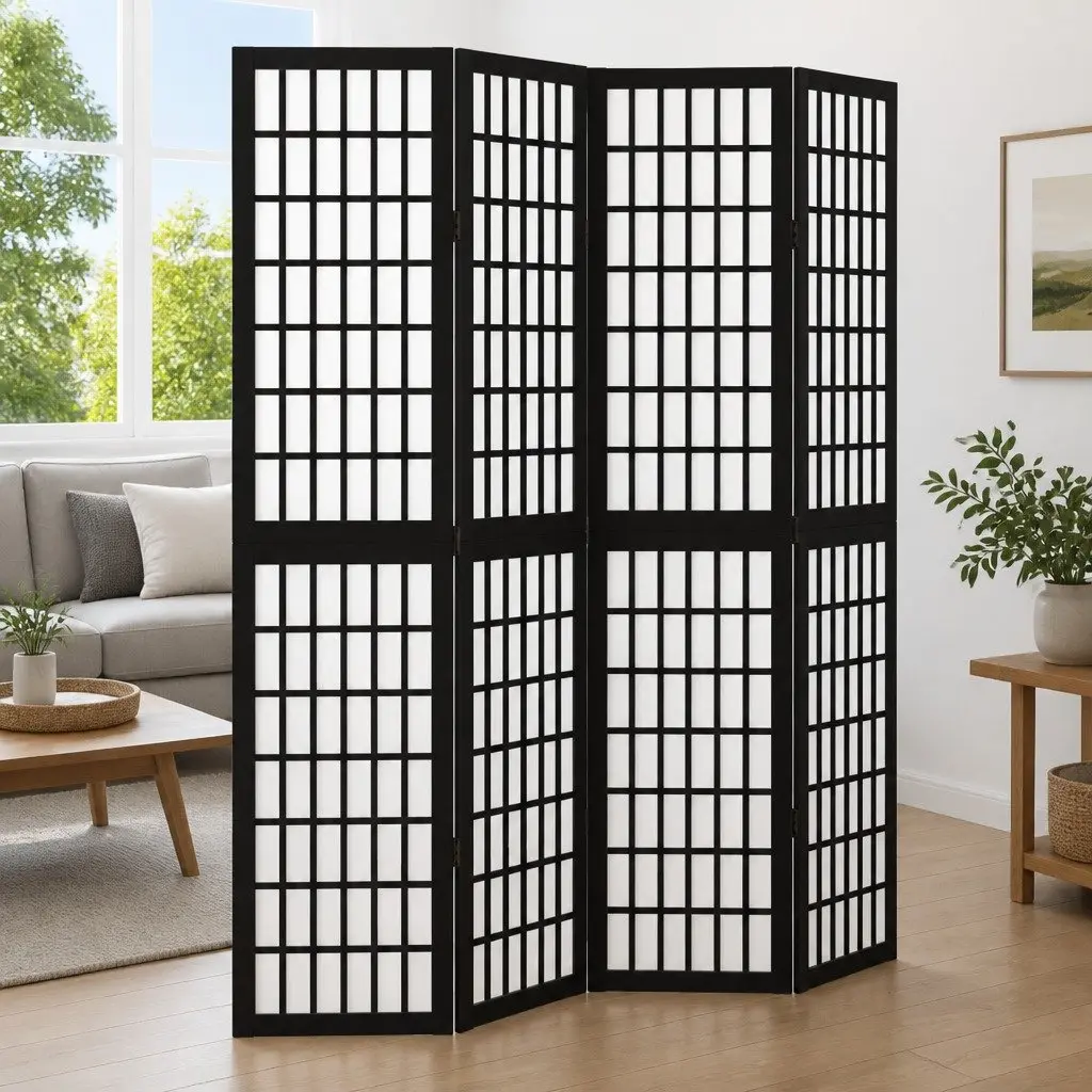 Black Folding Room Divider with 4 Panels