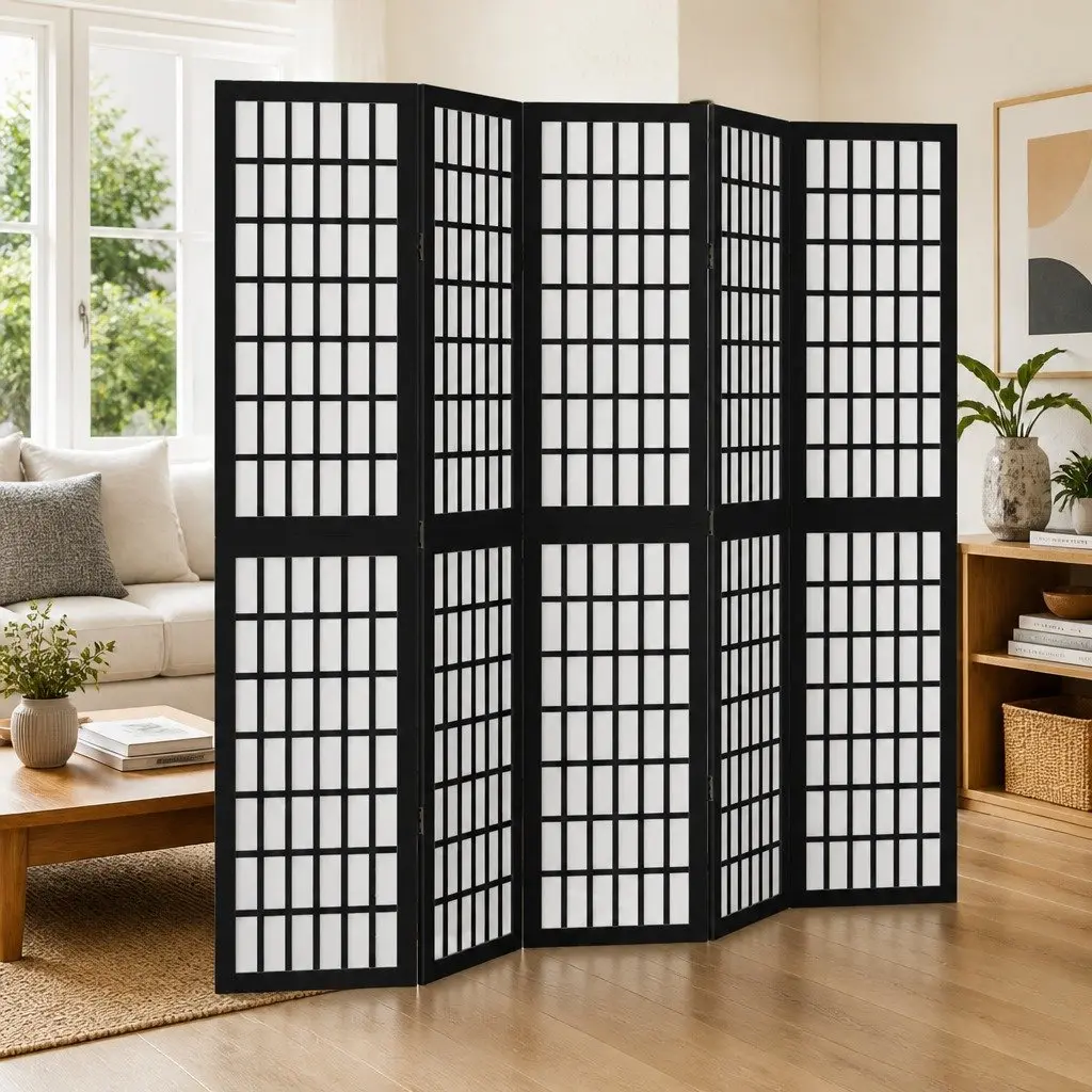 Room Divider Paulownia Wood 5 Panel Black Folding Screen Privacy Partition